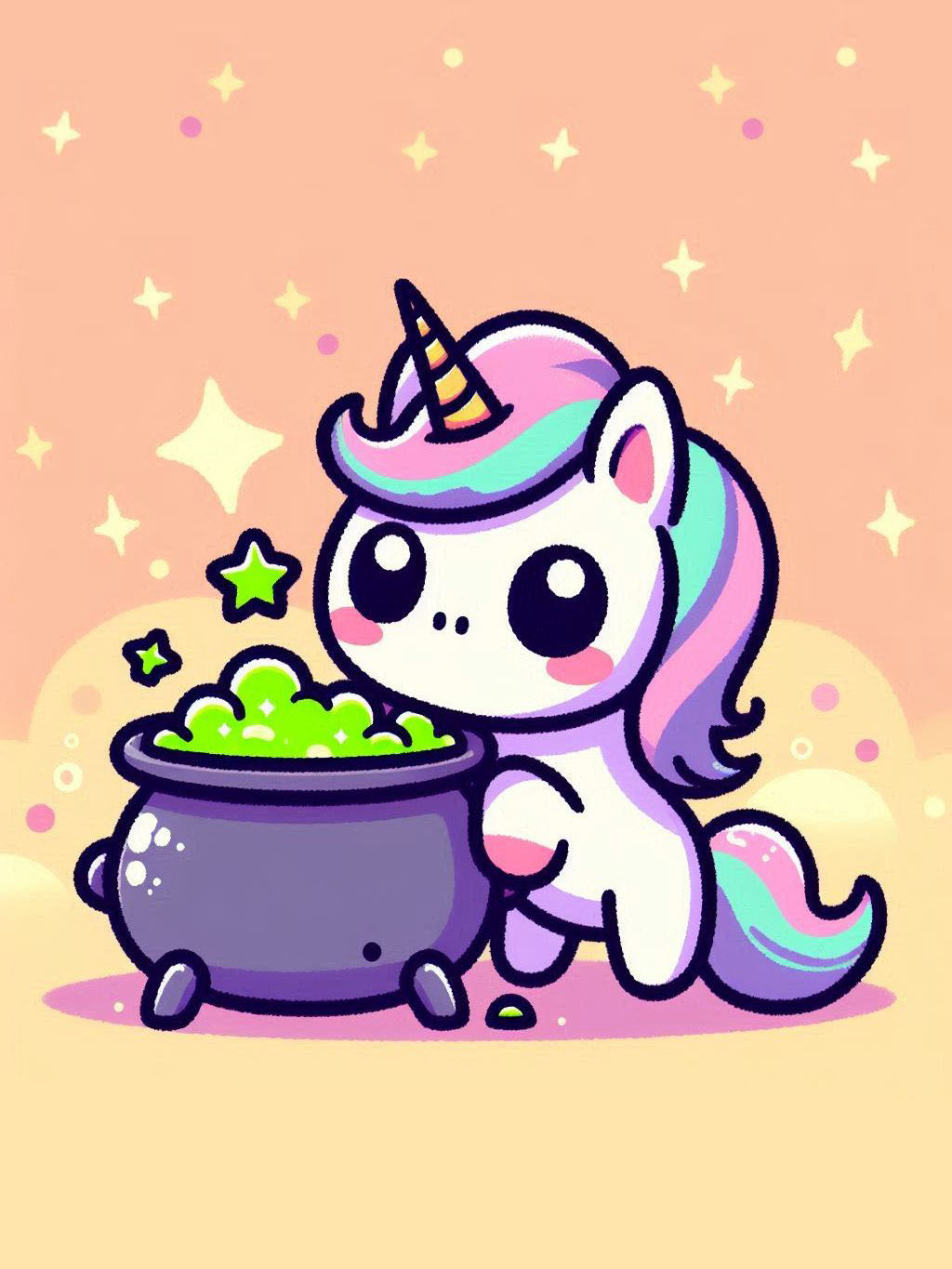 halloween unicorn illustration ideas featuring a cute unicorn beside a bubbling cauldron with magical green brew and stars in the background